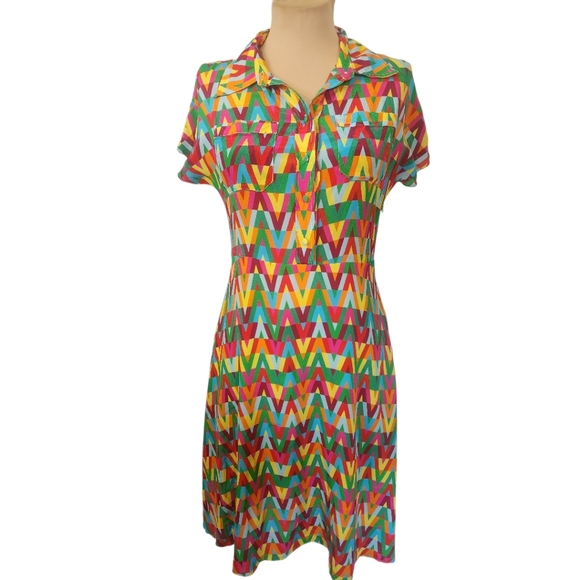 Italian Silk Geometric Pattern Shirt Dress - Size M - Picture 3 of 13